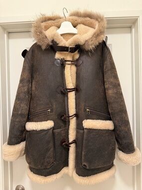 Brown Shearling Bomber Jacket with Fur Trim